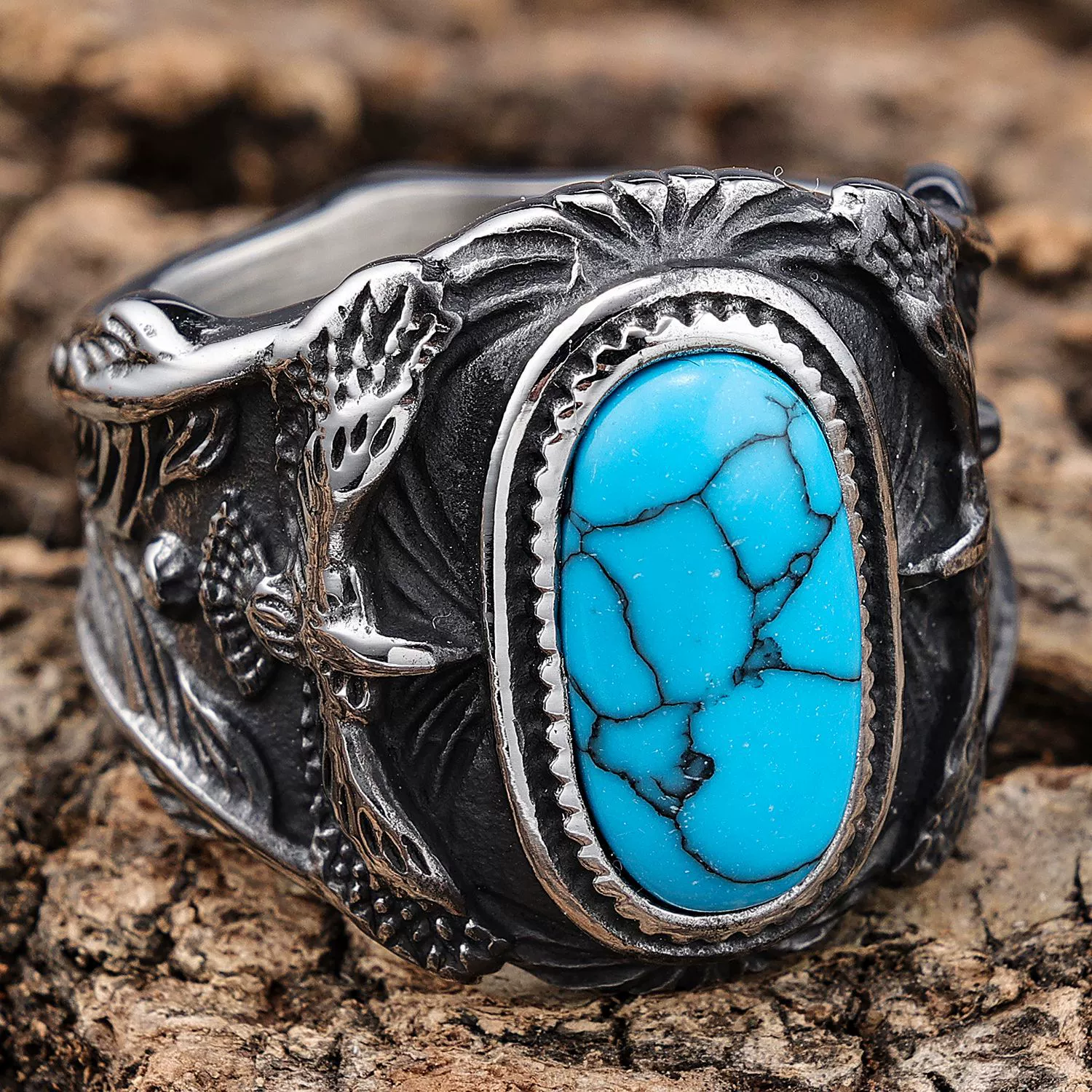 Turquoise Ring with Eagle Motif for Men
