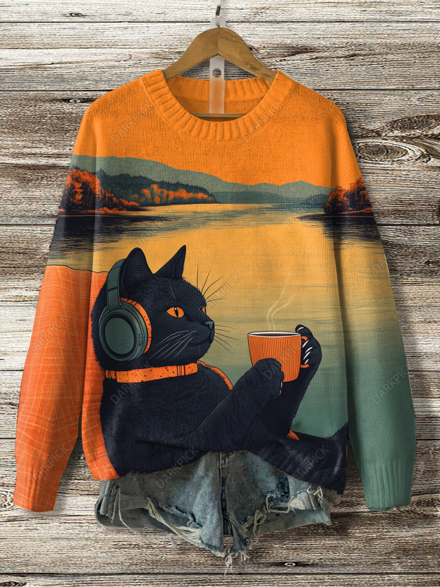 Women's Black Cat Music Cafe Autumn Nature Art Knit Sweatshirt