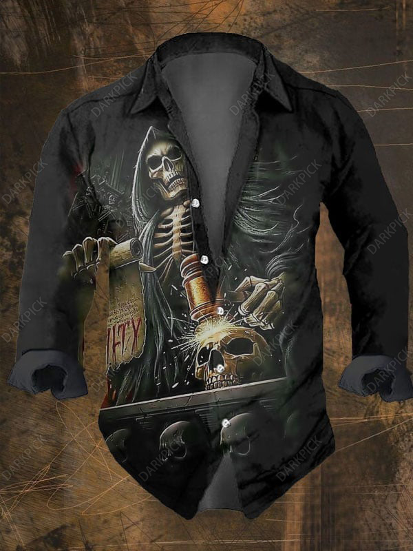 Men's Vintage Dark Skull Print Long Sleeve Shirt