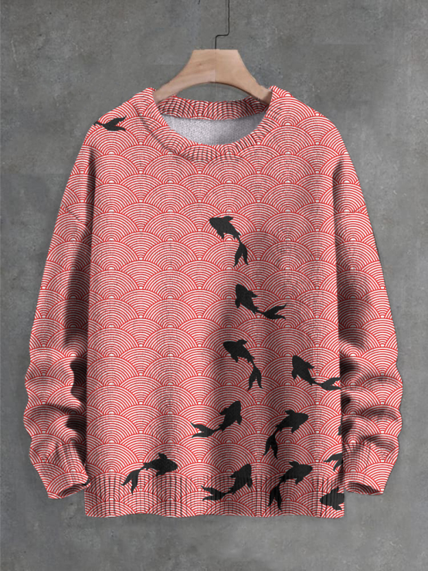 Men's Fish Geometry Japanese Art Print Knit Sweatshirt