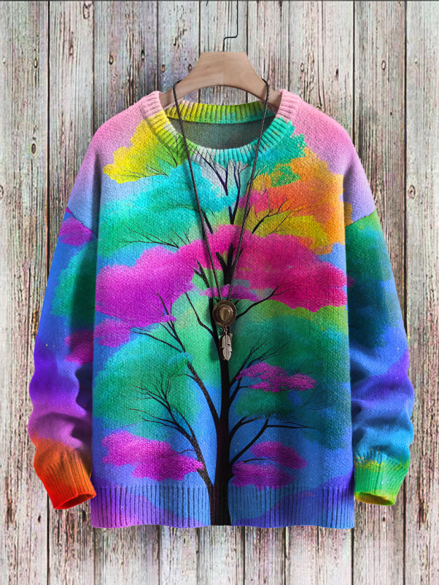 Multicolor Rainbow Trees Art Print Knit Pullover Sweater