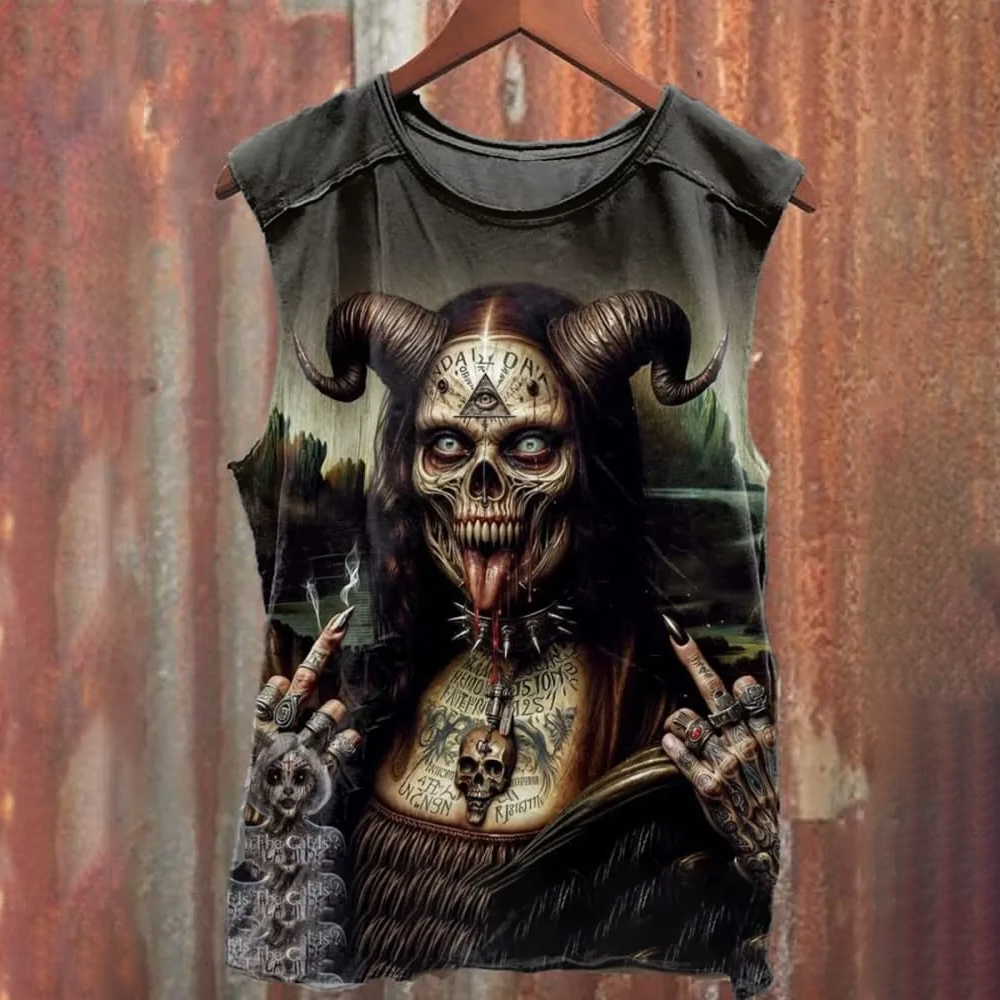 Unisex Horror Skull Art Illustration Printed Casual Cotton Tank Top