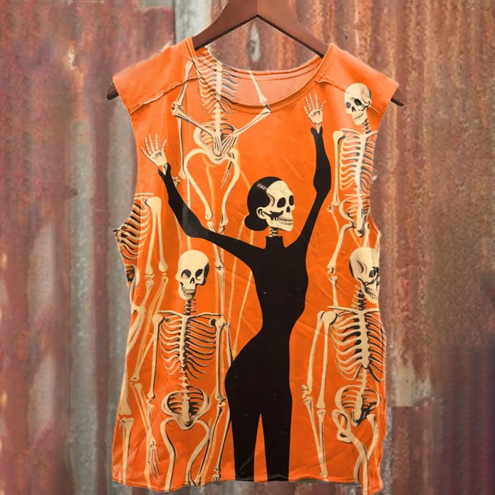 Unisex Skull Disco Art Illustration Printed Casual Cotton Tank Top