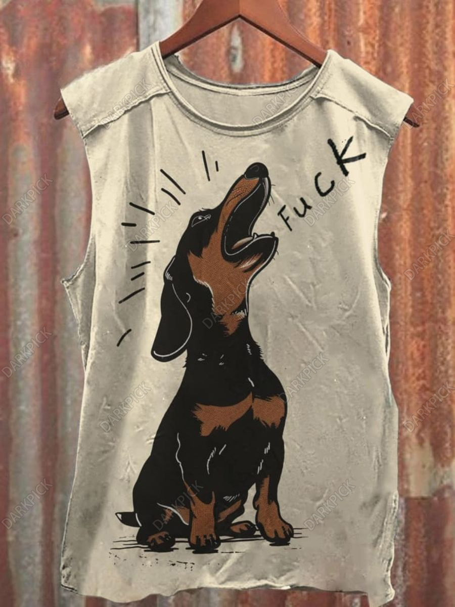 Unisex Brown Dachshund Yelling Fuck Print Casual Tank Top