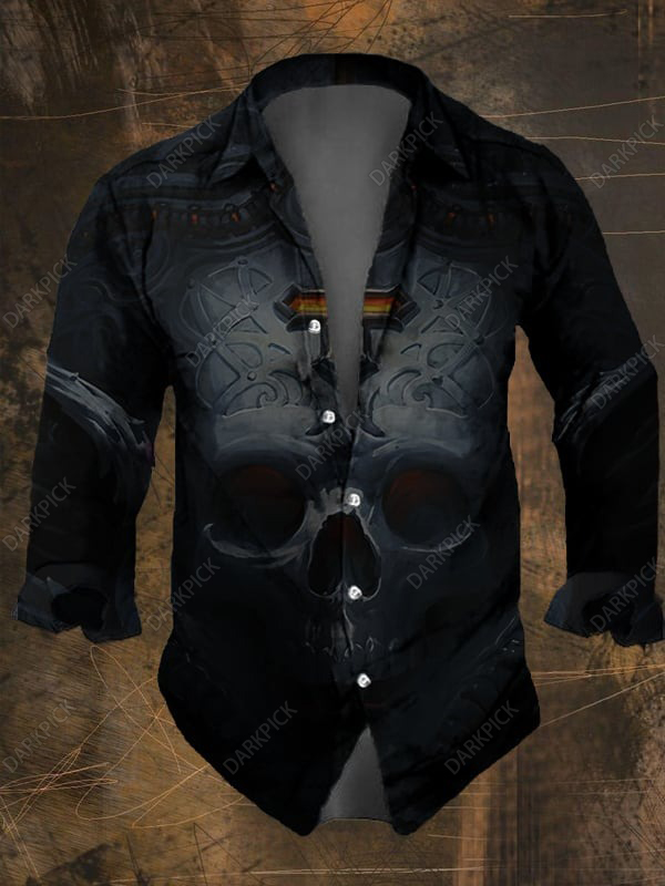 Men's Vintage Dark Skull Print Long Sleeve Shirt