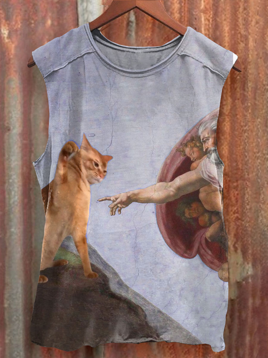 Vintage Funny Cat Art Print  Casual Tank Top
