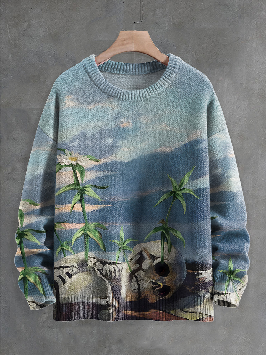 Fun Skull Art Halloween Print Knit Pullover Sweater