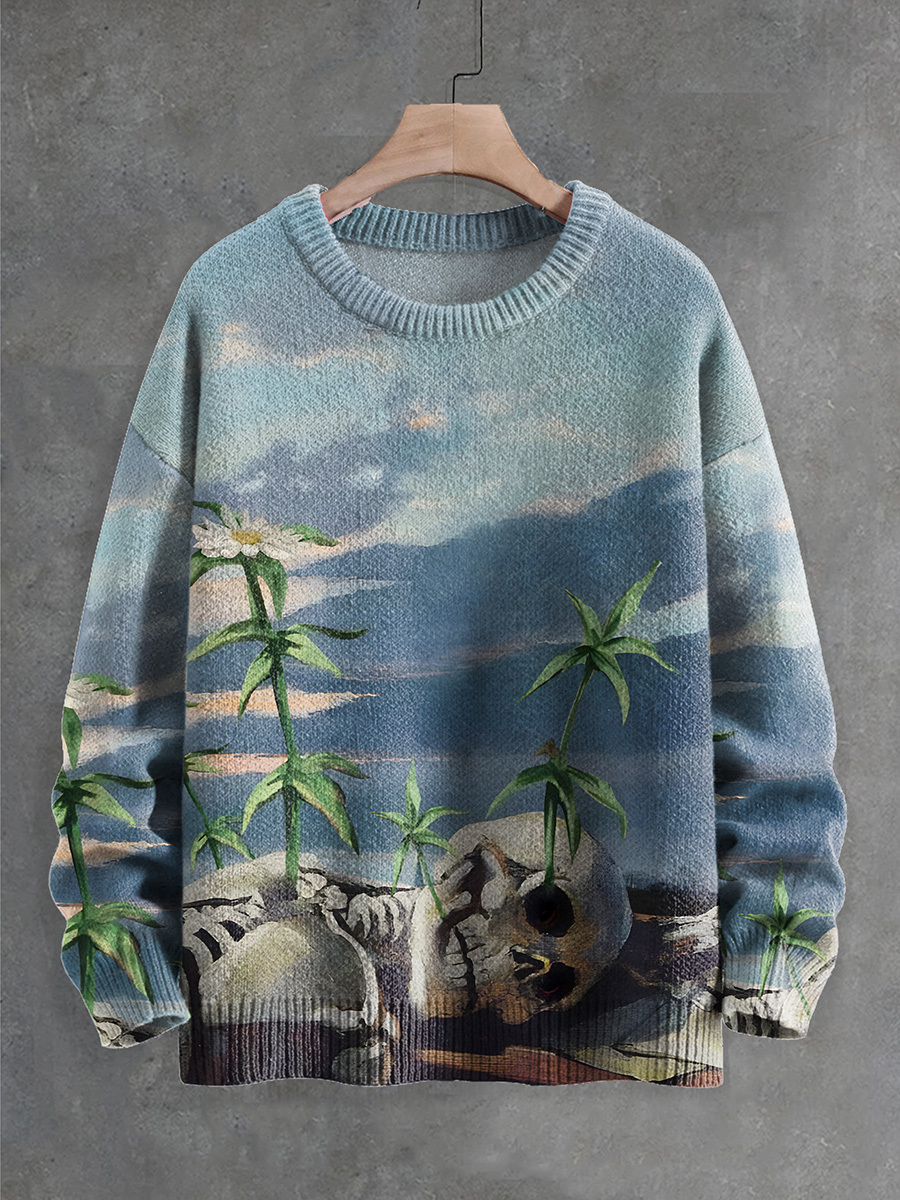 Fun Skull Art Halloween Print Knit Pullover Sweater