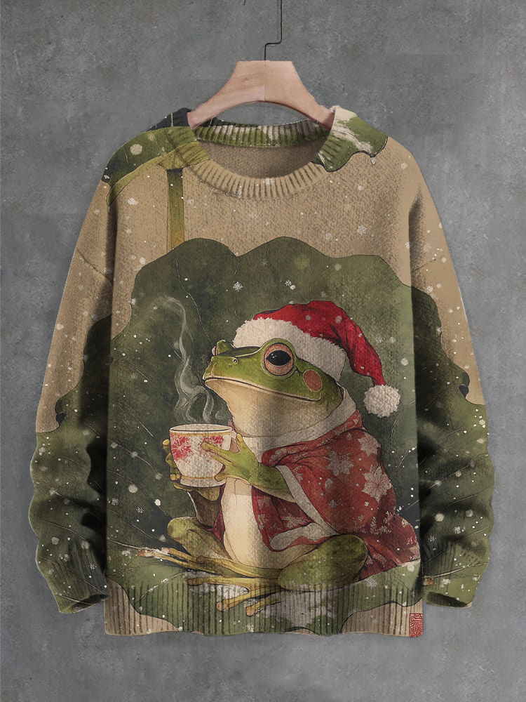 Men's Christmas Snowflake Frog Drinks Tea Art Print Knit Sweatshirt