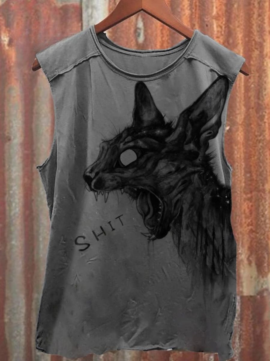 Unisex Cat Cried Shit Print 100% Cotton Casual Tank Top