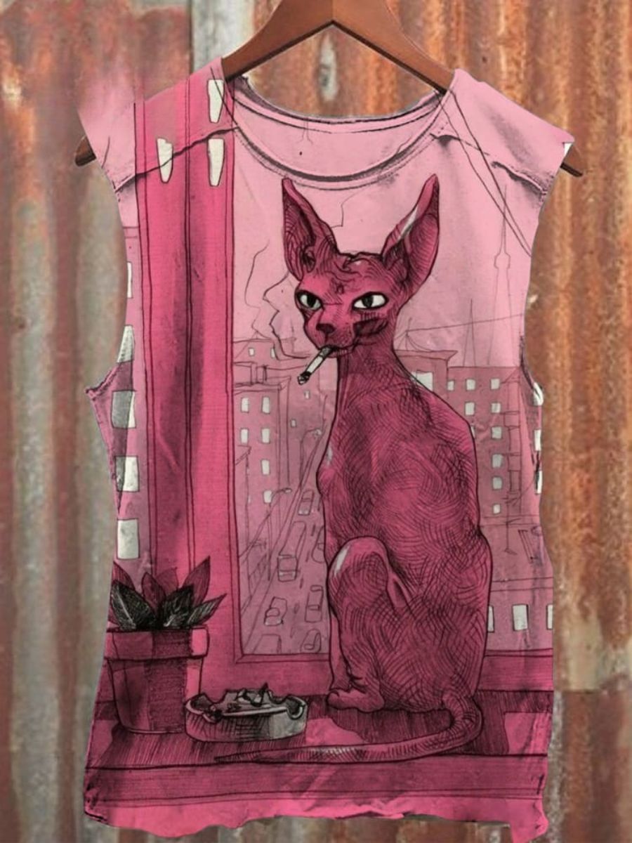 Somkecat Print 100% Cotton Casual Tank Top
