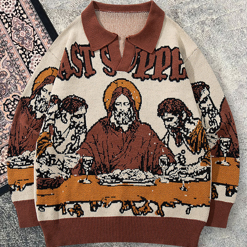 Retro-Style Fun Character Jacquard Knit Sweater