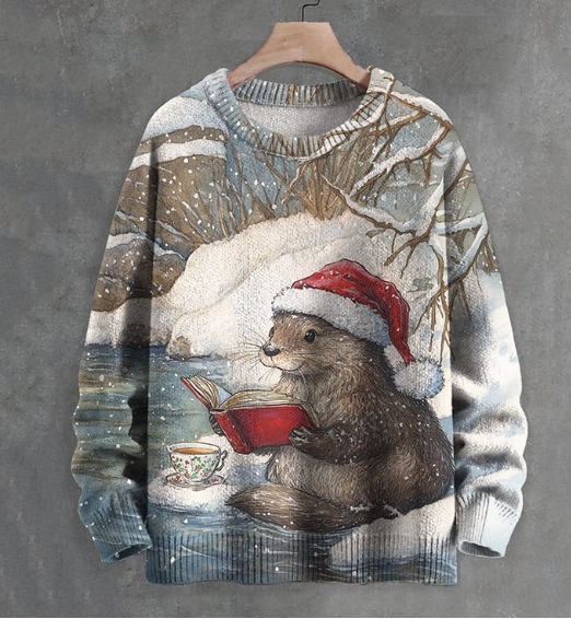 Otter Reading Printed Long-Sleeved Sweater