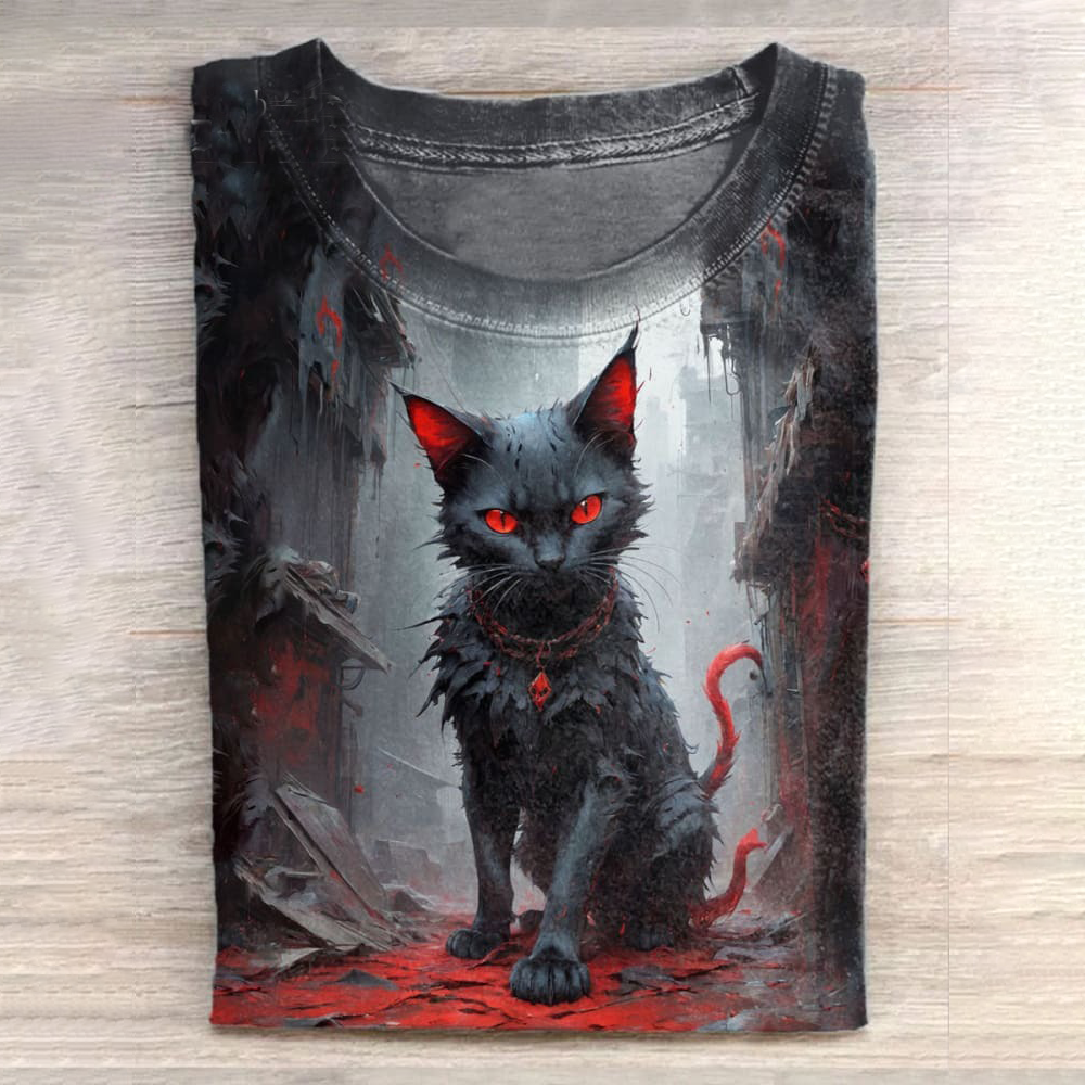 Unisex Halloween Horror Cat Art Illustration Printed Casual Cotton T-Shirt