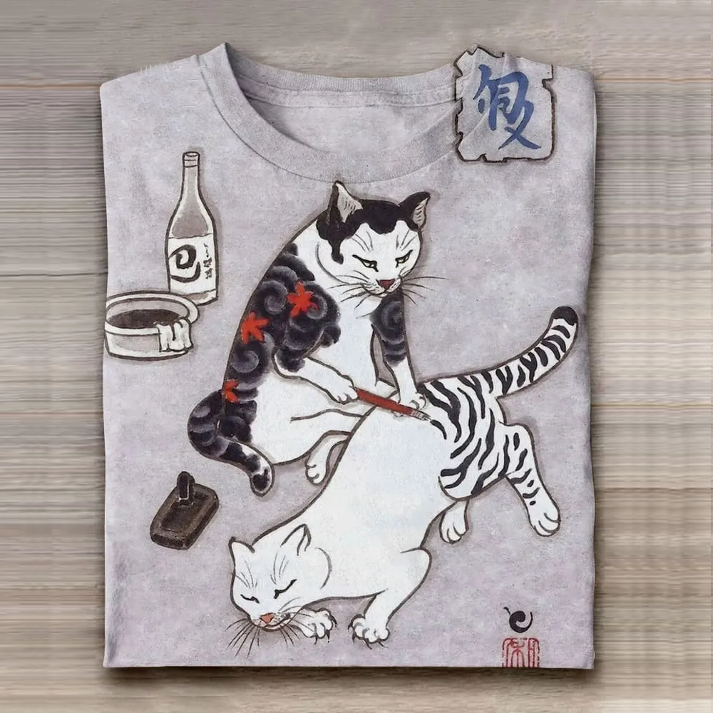 Funny Cat In Tattoo Art Print Casual Short Sleeve T-shirt