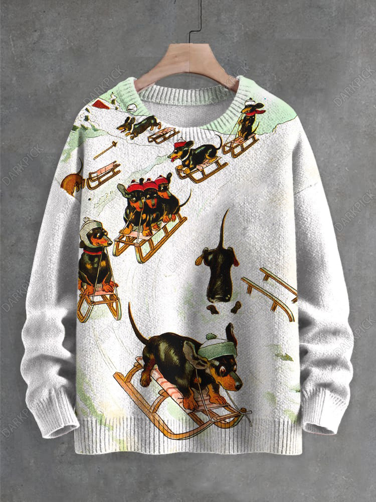 Men's Dachshund Sleigh Skiing Art Print Knit Sweatshirt