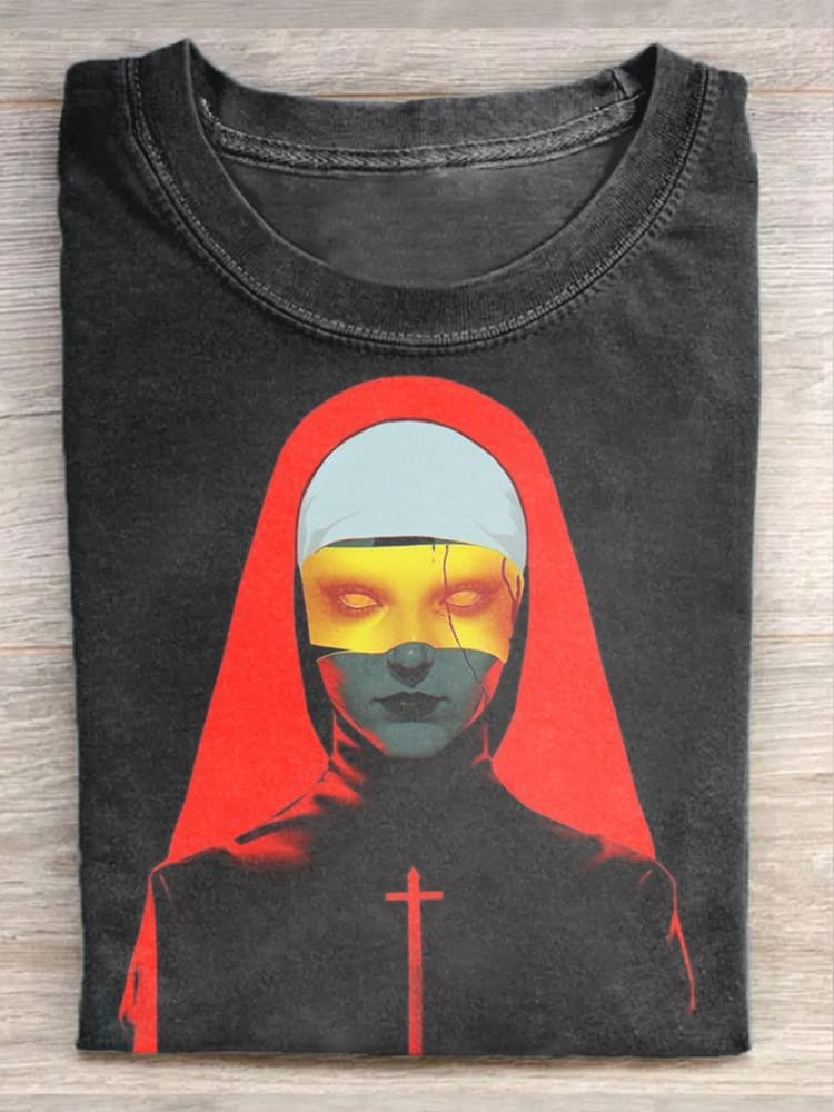 Cyberpunk Christ Demonic Nun And Skeleton Art Print Casaul Short Sleeve T-shirt