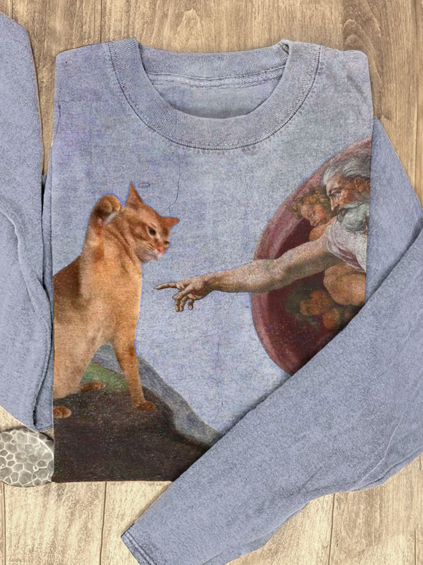 Vintage Funny Cat Print Casual Sweatshirt