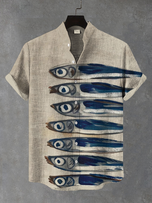 Men's Retro Sardines Art Print Casual Short Sleeve Shirt