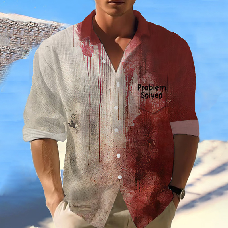 Men's Bloody Problem Solved Halloween Print Waffle Shirt With Pockets