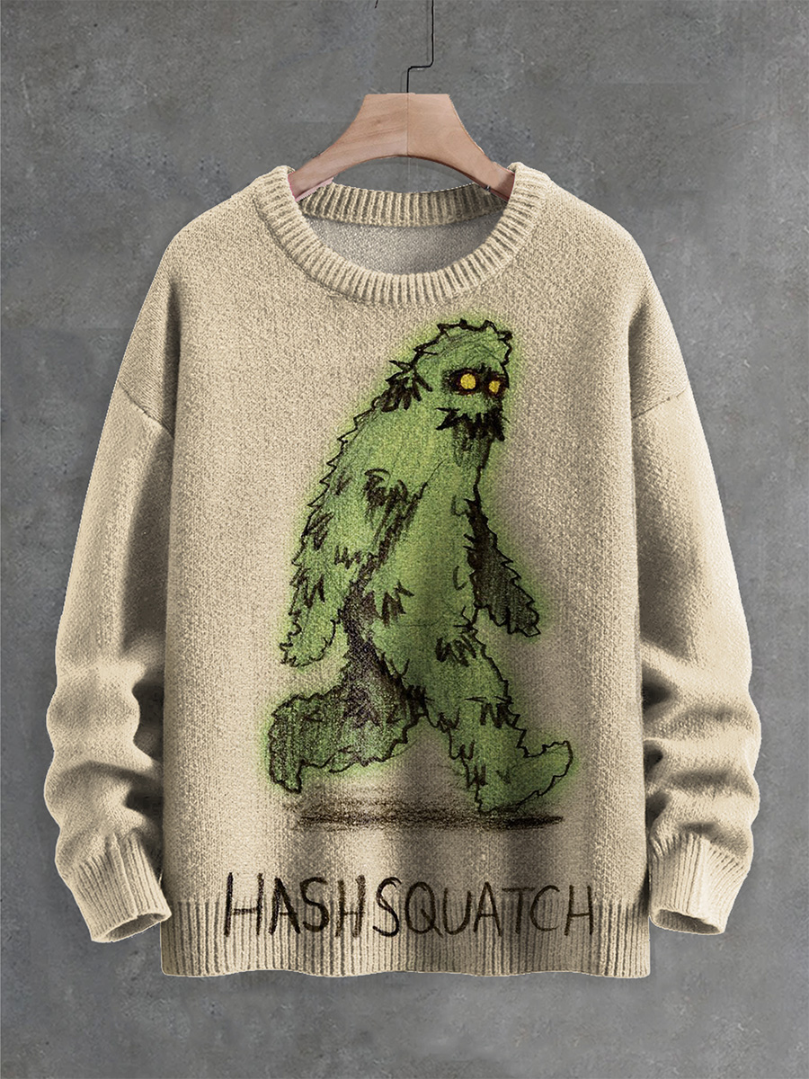Fun Hashsquatch Green Bigfoot Print Knit Pullover Sweater