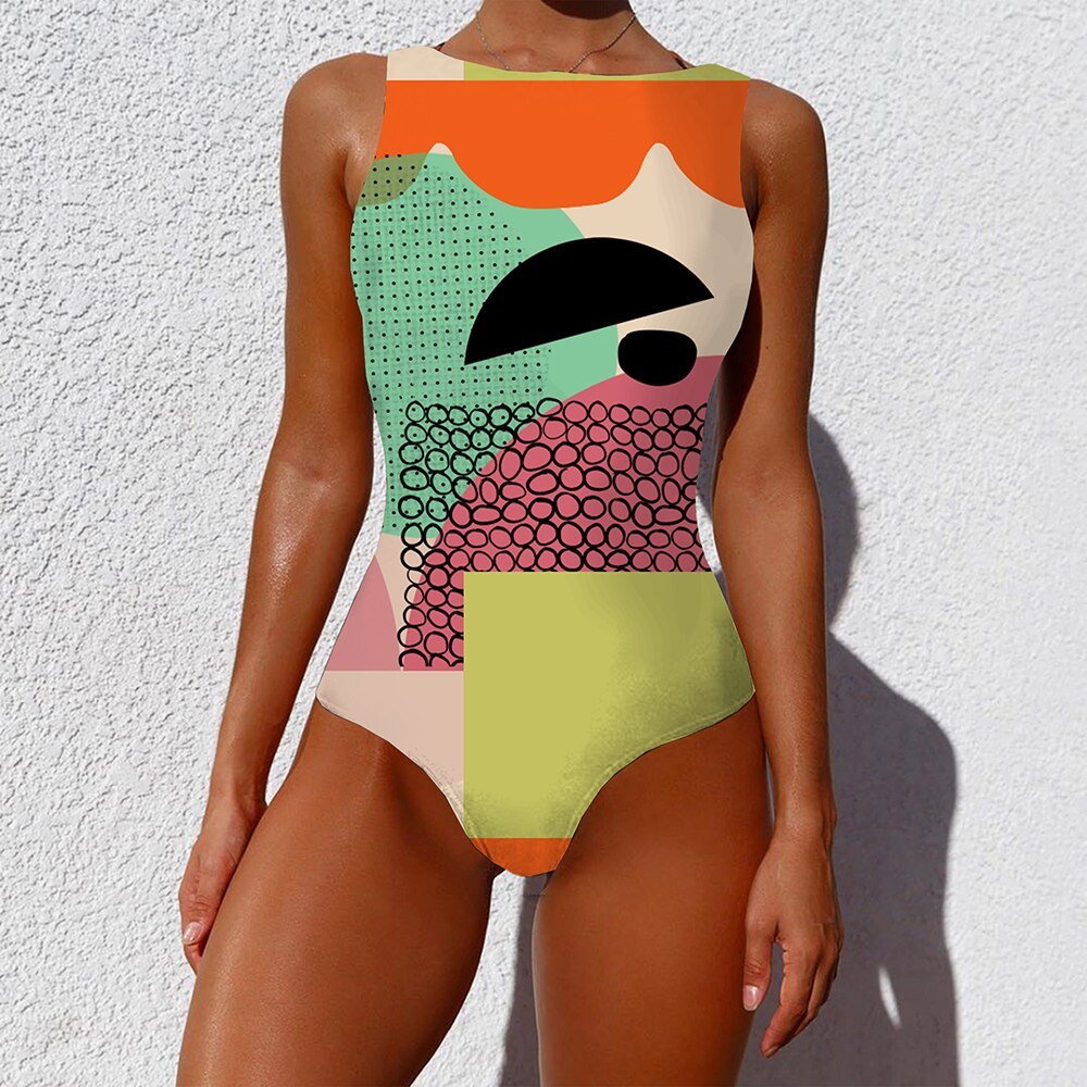 Print One Piece Swimsuit 2021 New Push Up Swimwear Women Vintage Retro Bathing Suits Bodysuit Beach Wear Backless Monokini