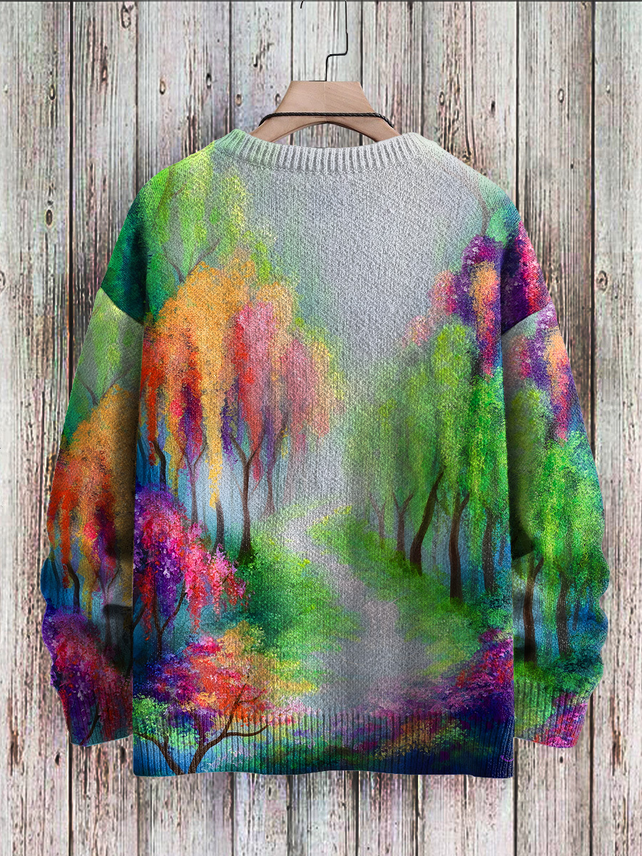 Multicolor Rainbow Forest Art Print Knit Pullover Sweater