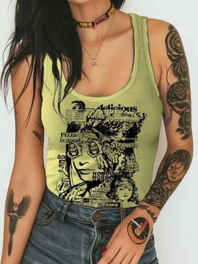 Unisex Retro Yellow Skull Girl Print Casual Tank Top