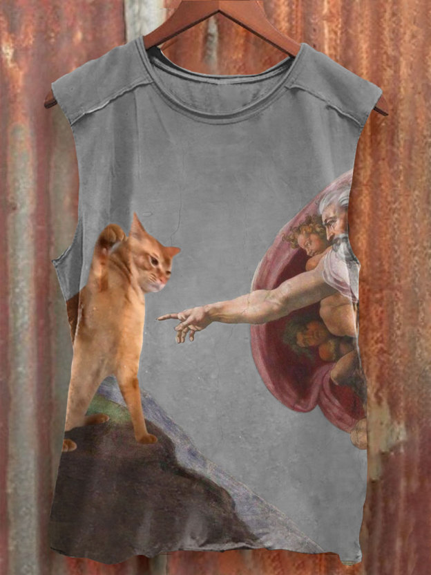 Vintage Funny Cat Art Print  Casual Tank Top