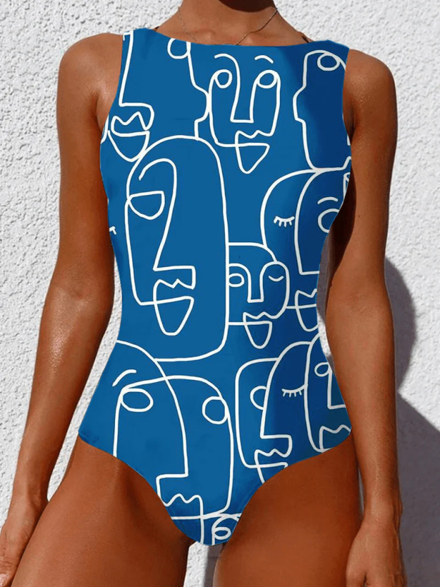 Graffiti Abstract Print round Neck One PieceSleevless Slimming Swimsuit for Women