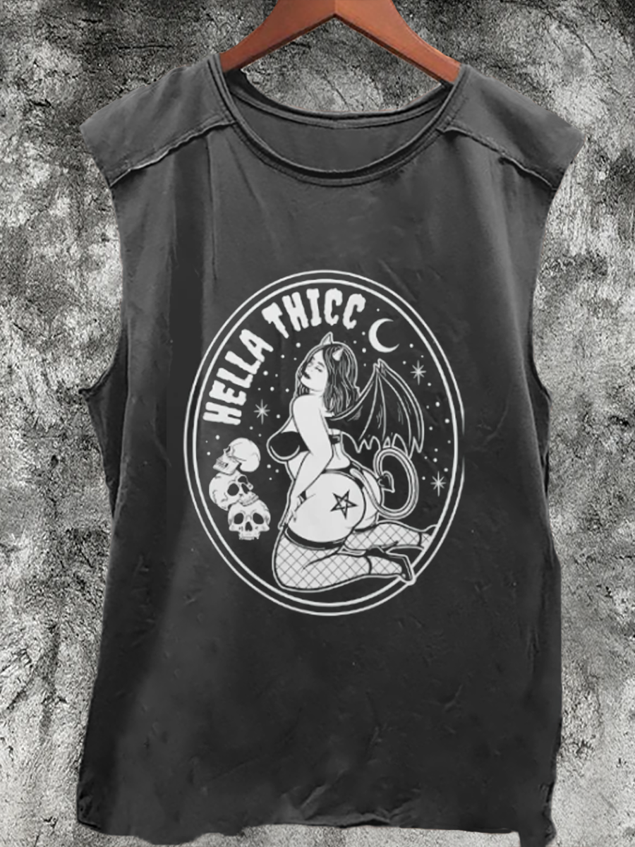 Hella Thicc Curvy Pinup Girl Devil Print 100% Cotton Casual Tank Top