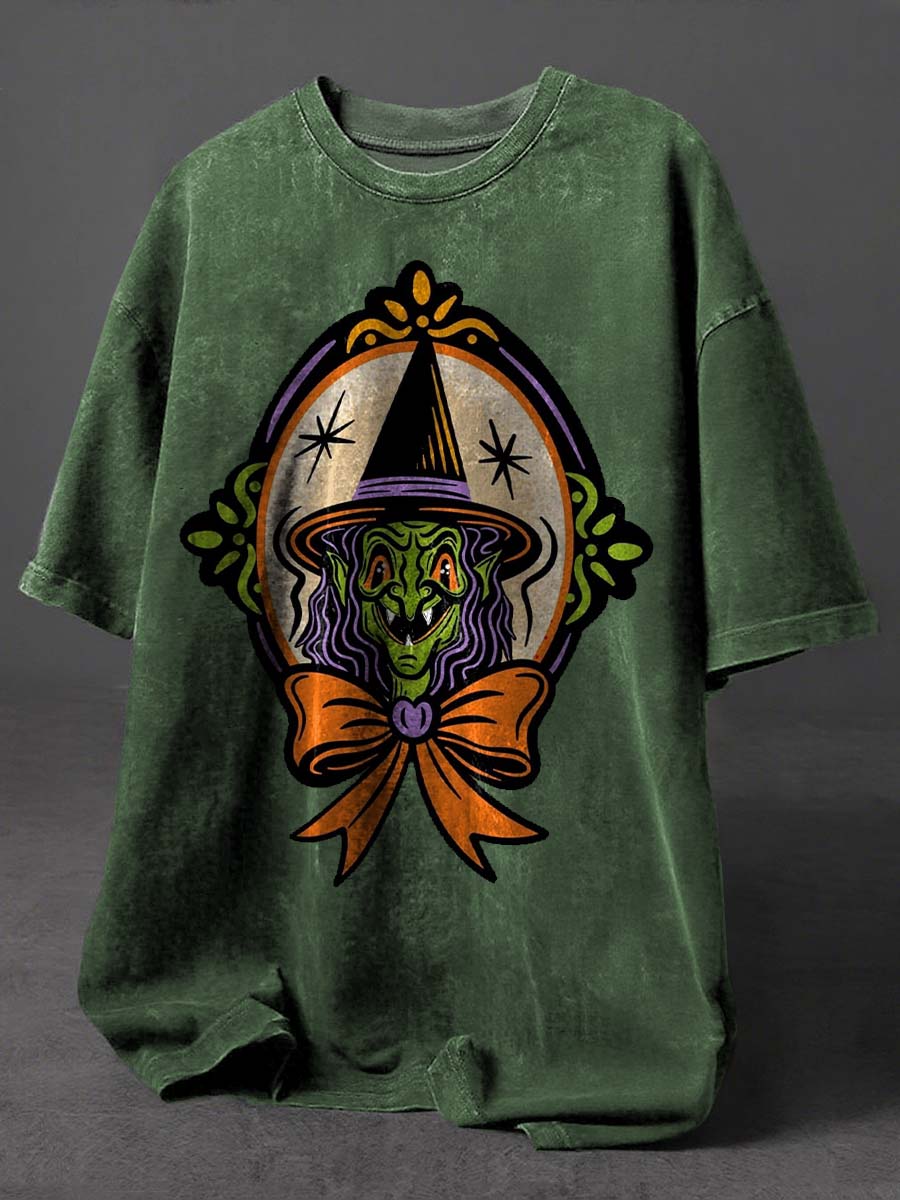 Witch Halloween Art Print Retro Distressed Washed Cotton T-shirt