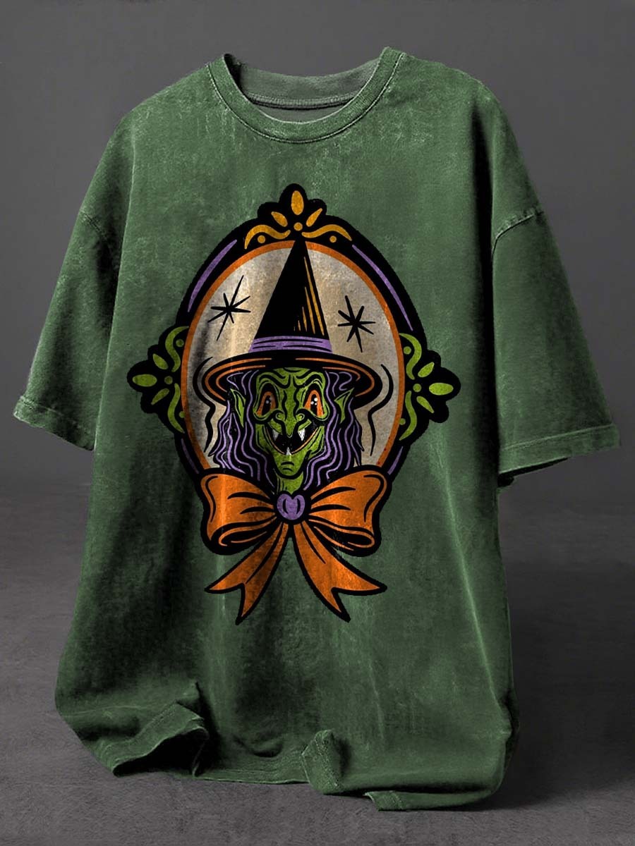 Witch Halloween Art Print Retro Distressed Washed Cotton T-shirt