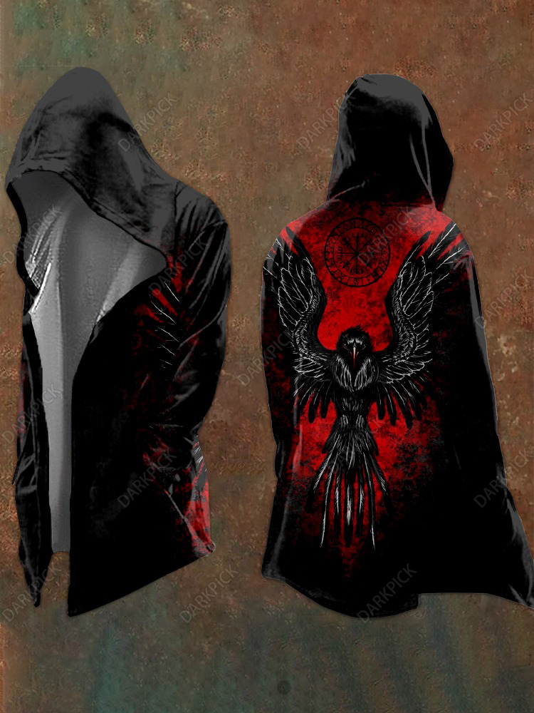 Viking Raven And Vegvisir Graphic Hooded Coat