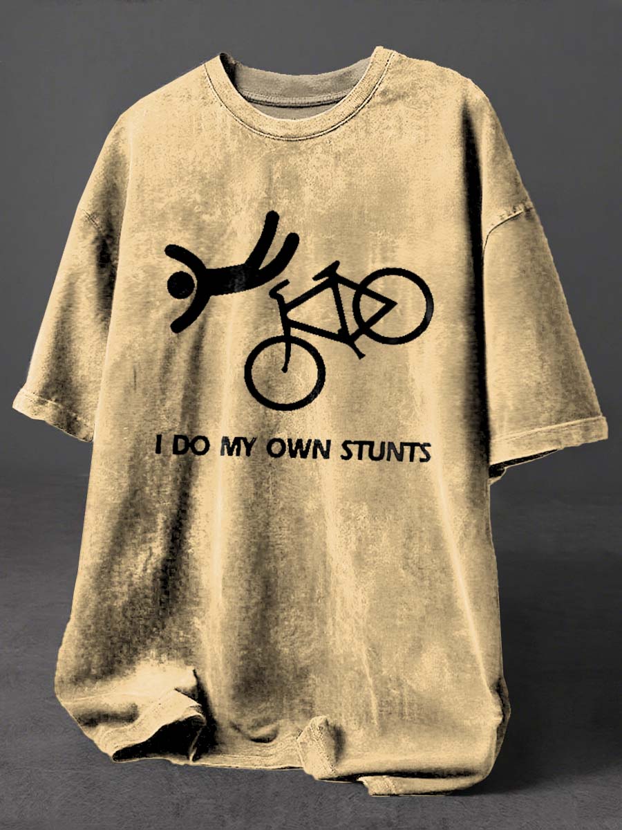 I Do My Own Stunts Print Retro Distressed Washed Cotton T-shirt