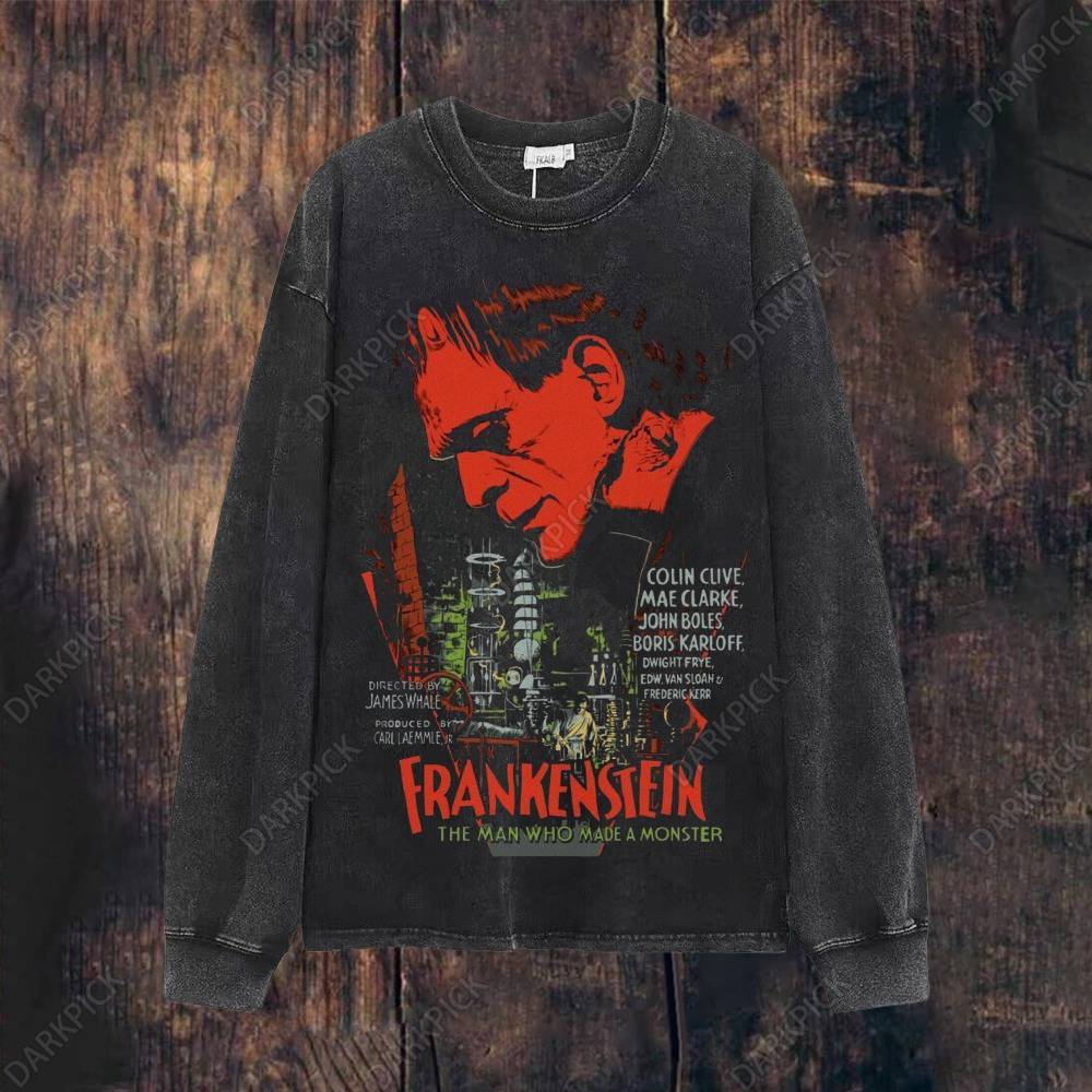 Unisex Casual Washed Frankenstein Movie Long-sleeved T-shirt
