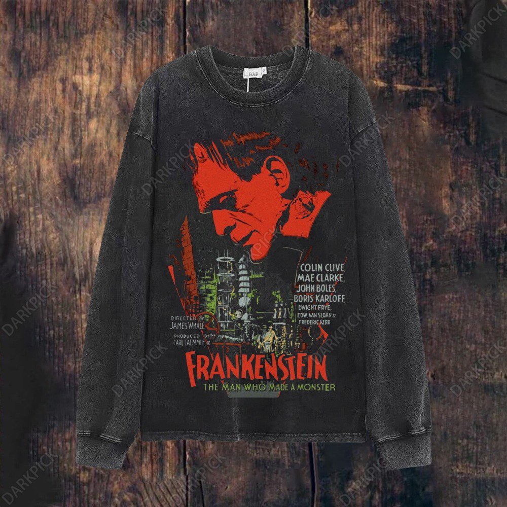 Unisex Casual Washed Frankenstein Movie Long-sleeved T-shirt