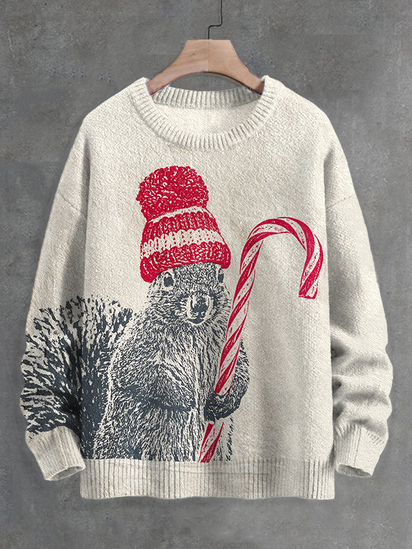 Men's Winter Squirrel Merry Christmas Art Print Knit Sweatshirt