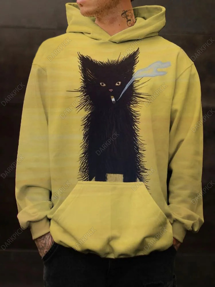Unisex Cat Smoking Print Casual Hoodie Sweatshirt