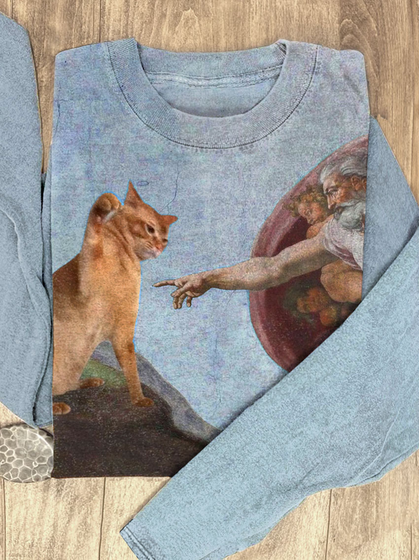 Vintage Funny Cat Print Casual Sweatshirt