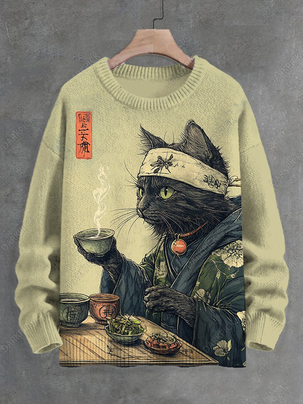 Men's Cat Drinking Tea Japanese Tea Ceremony Art Print Knit Sweatshirt