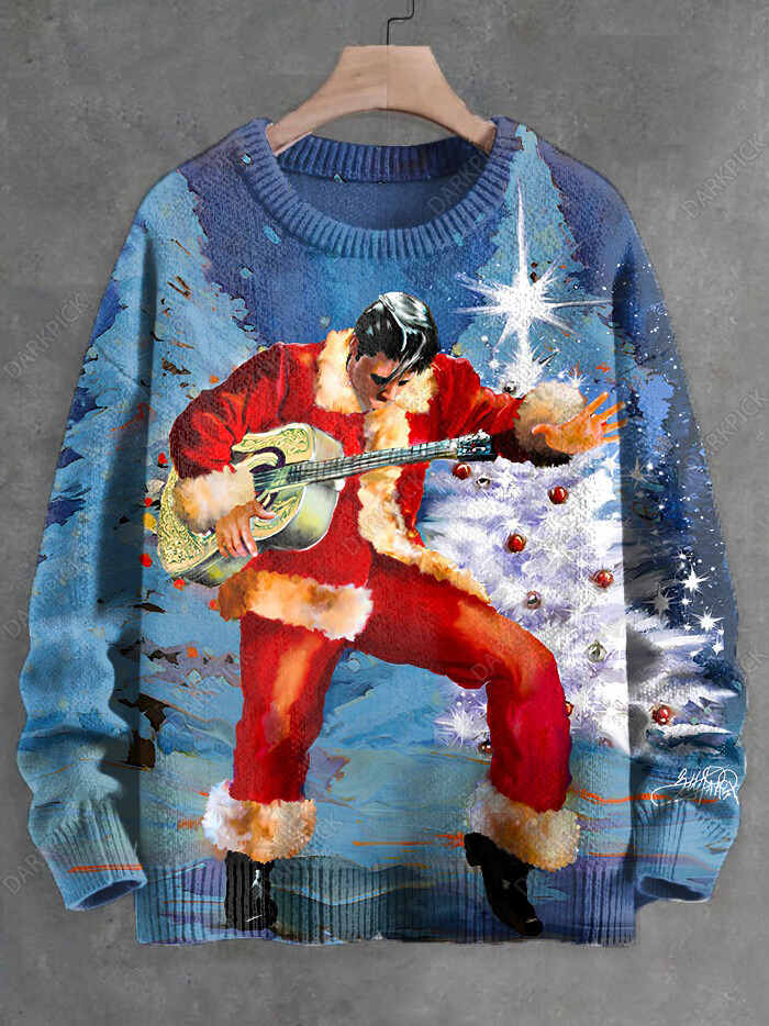 Men's Elvis Presley Christmas Art Print Knit Sweatshirt