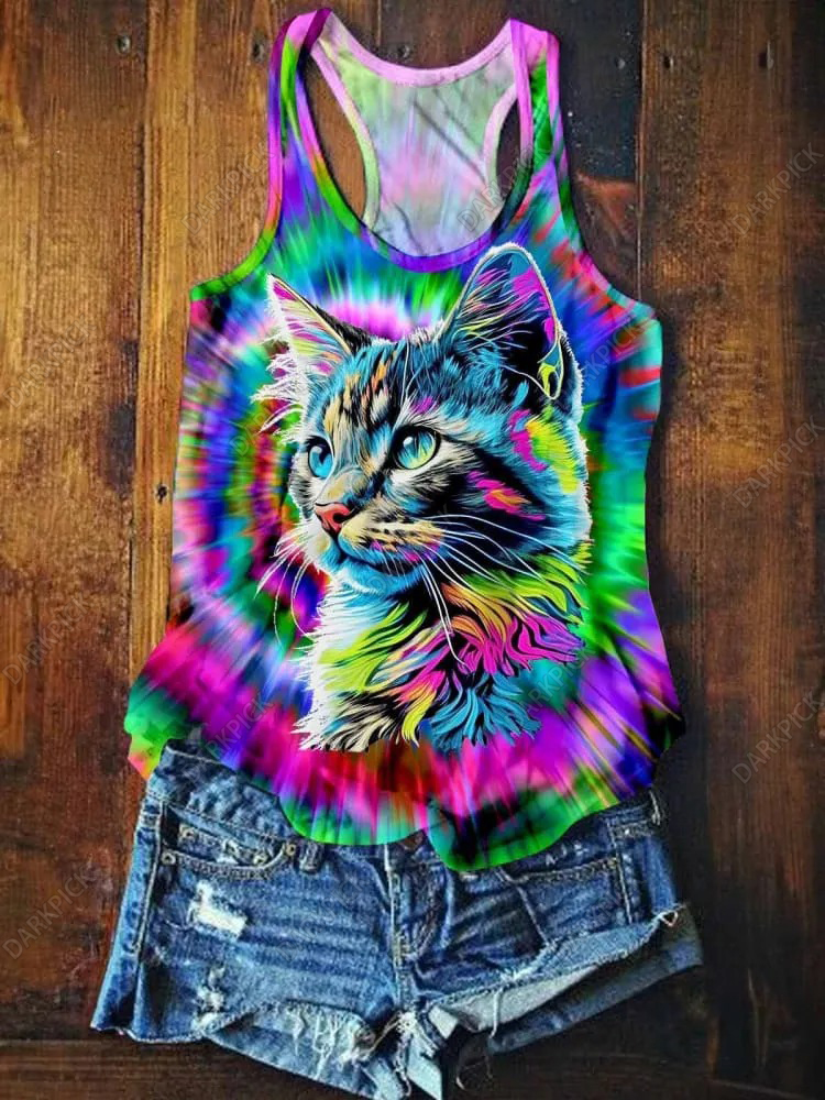 Women's Summer Colorful Cat Tie-Dye Print Sleeveless Vest