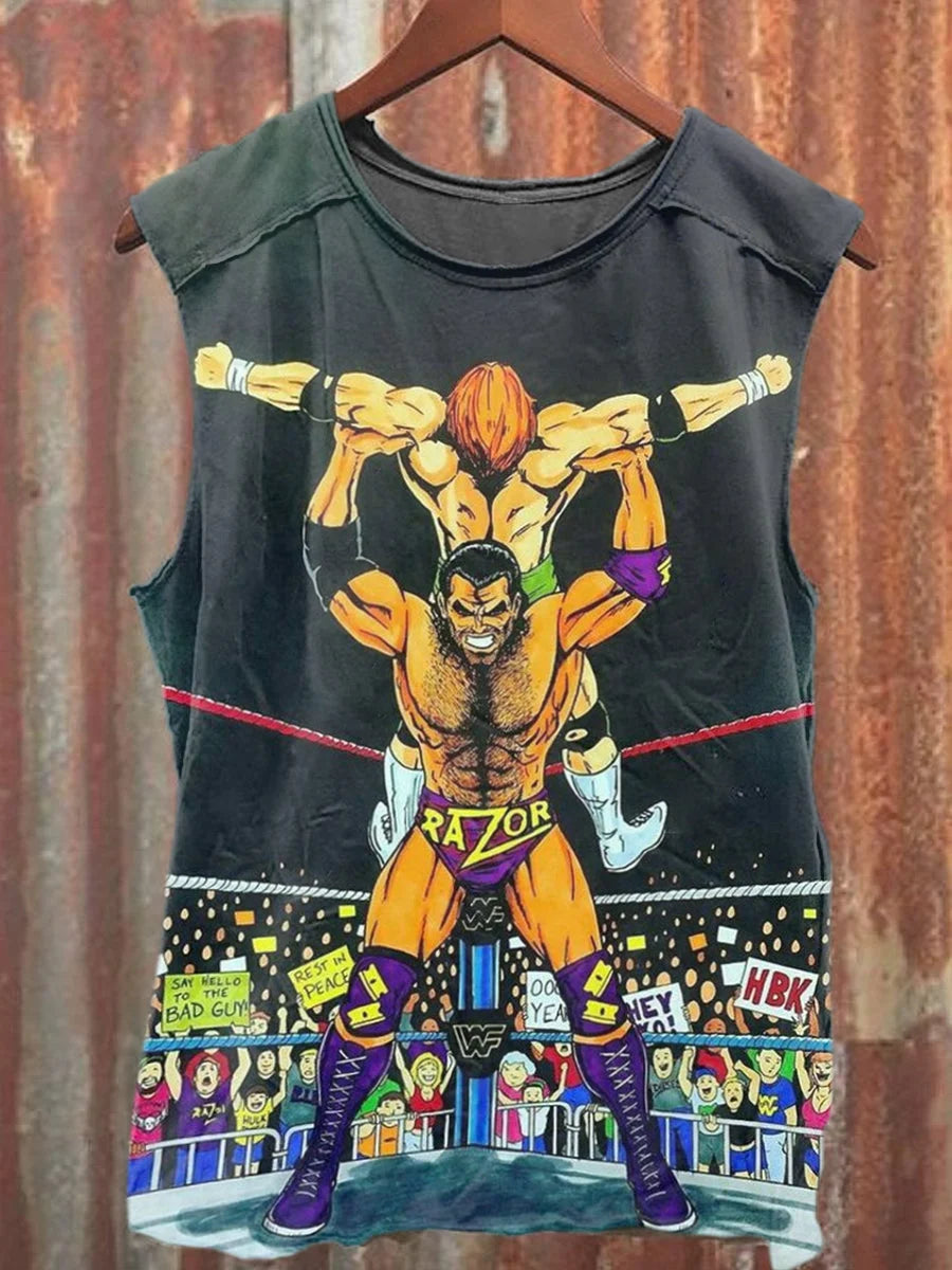 Unisex Retro Wrestling Art Illustration Printed Casual Tank Top