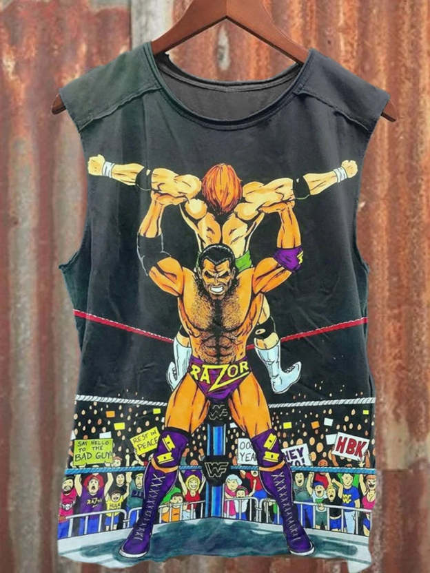 Unisex Retro Wrestling Art Illustration Printed Casual Tank Top