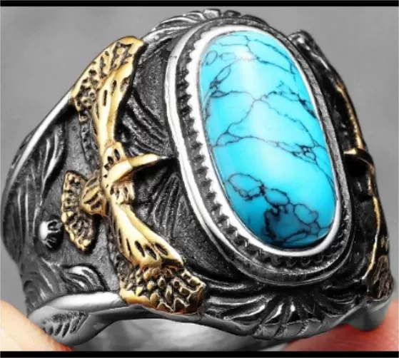 Turquoise Ring with Eagle Motif for Men