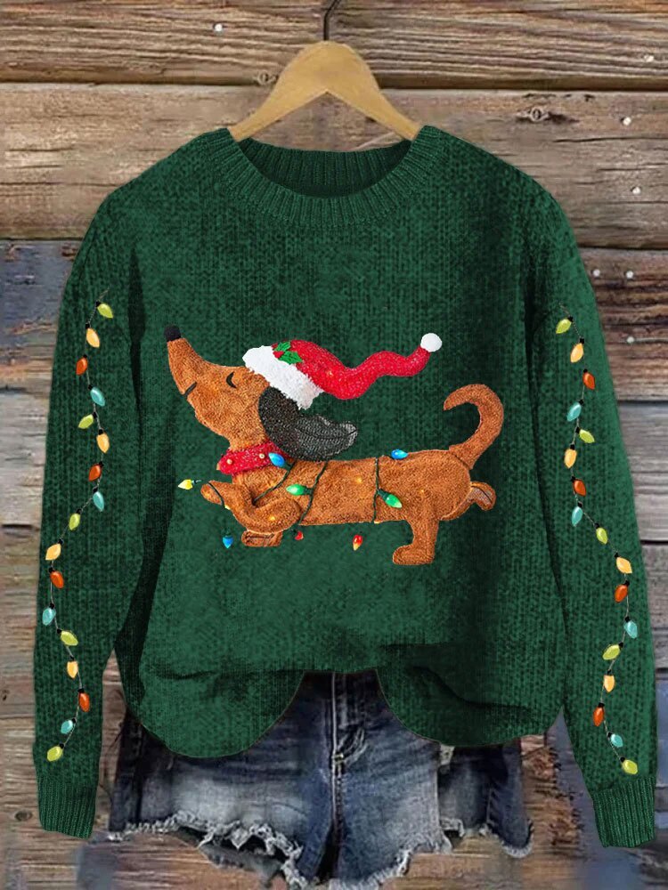 Women's Dachshund And Christmas Lights Print Knit Sweatshirt