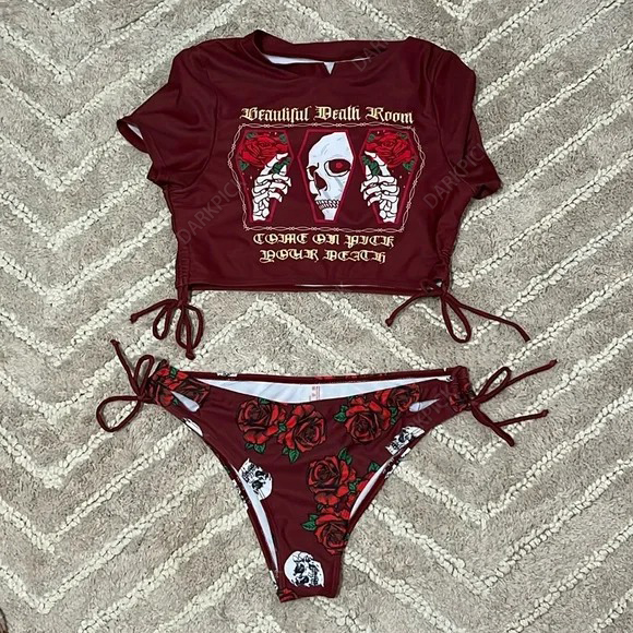 Maroon Rose Skull Bikini; Beautiful Death Room Red Bikini; Large Dark Red Bikiniswimsuit