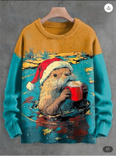 Otter Holding Up A Cup Printed Long-Sleeved Sweater
