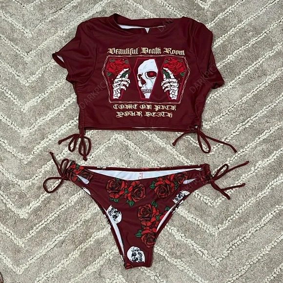 Maroon Rose Skull Bikini; Beautiful Death Room Red Bikini; Large Dark Red Bikini